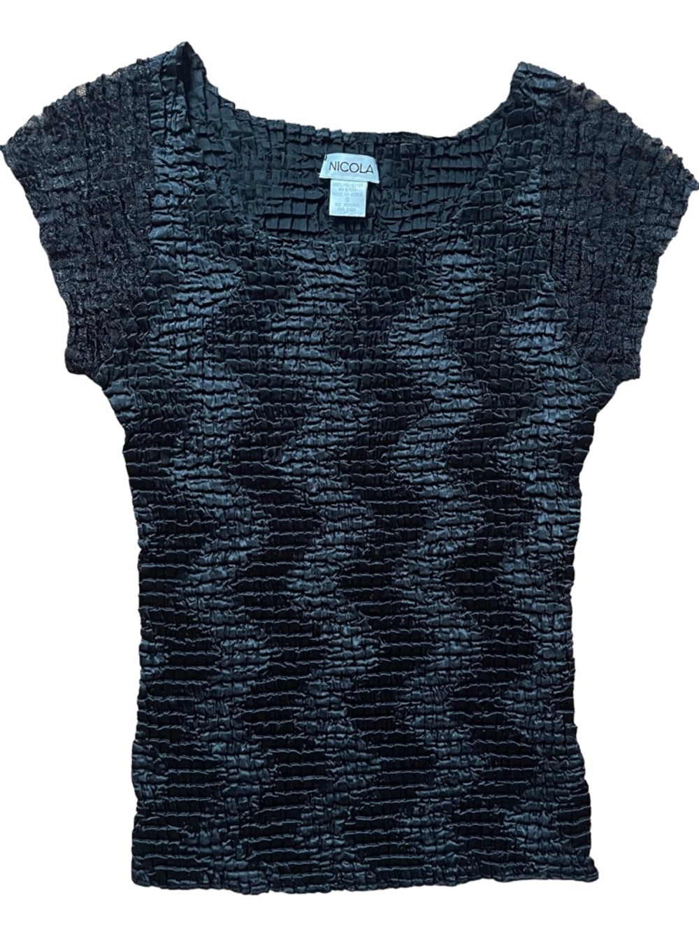Y2K NICOLA Black Crinkle Textured Cap Sleeve Scoop Neck Top